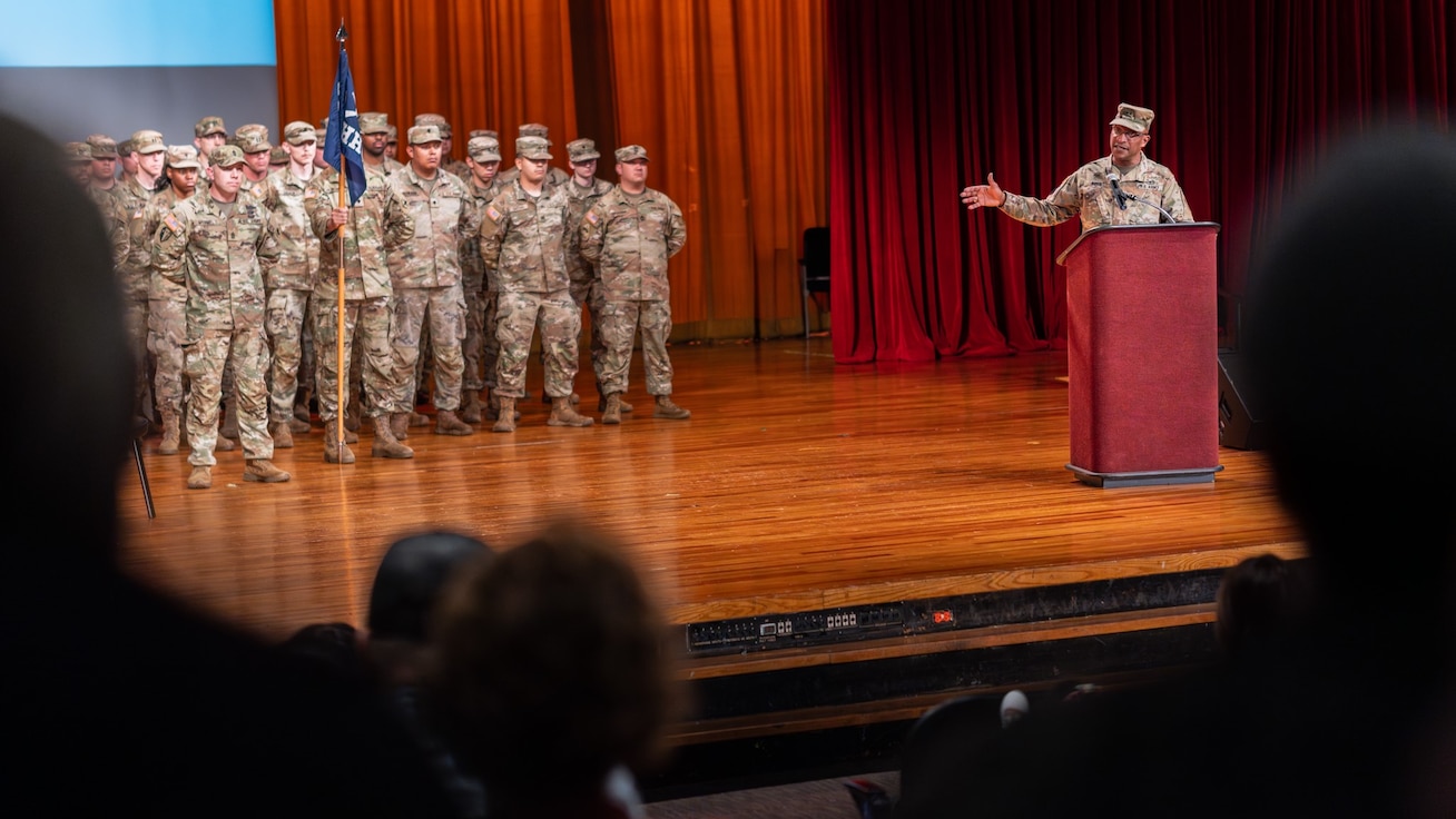Maj. Gen. Rodney Boyd, The Adjutant General of Illinois, and Commander of the Illinois National Guard, addresses family and friends of the approximately 65 Soldiers from the Chicago-based Headquarters and Headquarters Company, 1st Battalion, 178th Infantry Regiment during the unit’s mobilization ceremony June 6 at Carver Military Academy in Chicago.