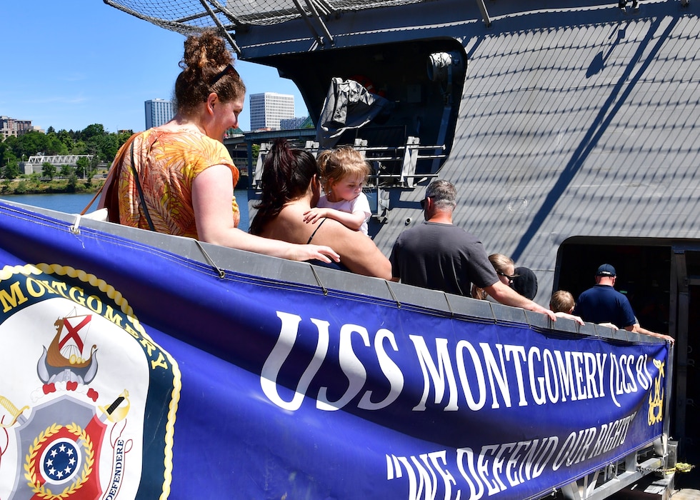Guests board the Independence-variant littoral combat ship USS Montgomery (LCS 8) for a tour during Portland Fleet Week in Portland, Oregon June 6, 2024. Portland Fleet Week is a time-honored celebration of the sea services and provides an opportunity for the citizens of Oregon to meet Sailors, Marines and Coast Guardsmen, as well as witness firsthand the latest capabilities of today’s maritime services. (U.S. Navy photo by Mass Communication Specialist 1st Class Heather C. Wamsley)