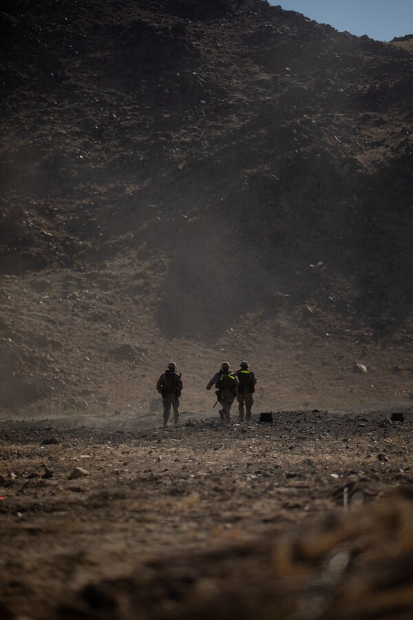 U.S. Marines with 4th Combat Engineer Battalion, 4th Marine Division, Marine Forces Reserve, observe the effects of an anti-personnel obstacle breaching system (APOB) during Integrated Training Exercise 4-24 at Marine Corps Air-Ground Combat Center Twentynine Palms, California, June 11, 2024. ITX enables the reserve component to simulate a mobilization and deploy its forces in preparation for potential future deployments in the event of a contingency or emergency. (U.S. Marine Corps photo by Lance Cpl. St. Pierre)