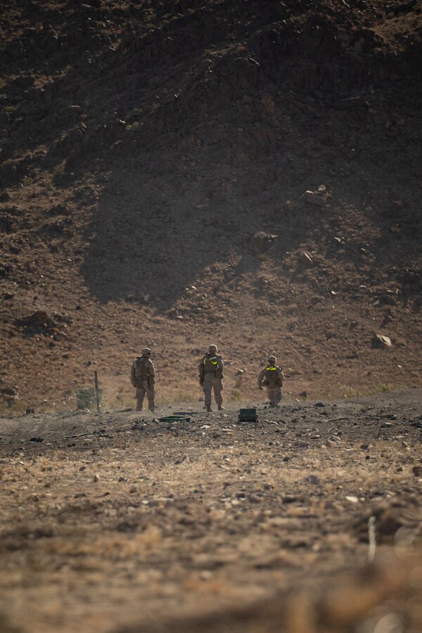 U.S. Marines with 4th Combat Engineer Battalion, 4th Marine Division, Marine Forces Reserve, observe the effects of an anti-personnel obstacle breaching system (APOB) during Integrated Training Exercise 4-24 at Marine Corps Air-Ground Combat Center Twentynine Palms, California, June 11, 2024. ITX enables the reserve component to simulate a mobilization and deploy its forces in preparation for potential future deployments in the event of a contingency or emergency. (U.S. Marine Corps photo by Lance Cpl. St. Pierre)