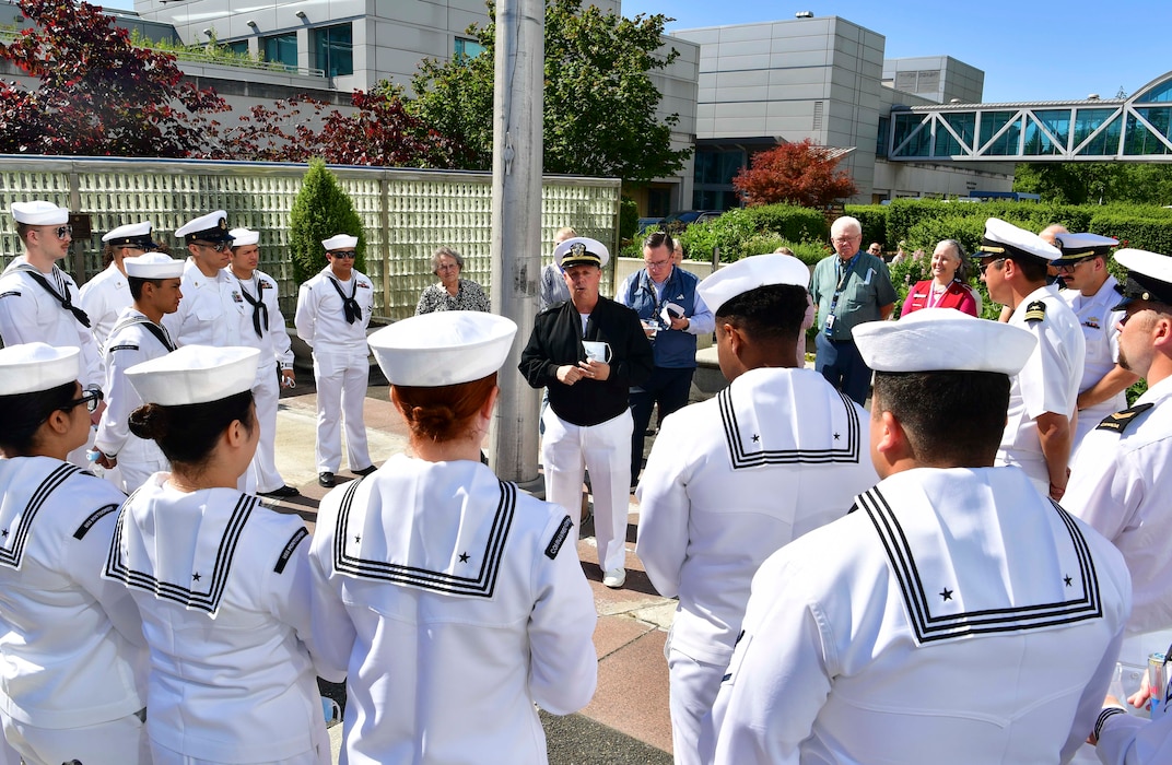 Lt. Theodore Shields, a U.S. Navy chaplain, speaks to Sailors during a visit to Portland VA Medical Center as part of the annual Portland Fleet Week and Rose Festival in Portland, Oregon June 7, 2024. Portland Fleet Week is a time-honored celebration of the sea services and provides an opportunity for the citizens of Oregon to meet Sailors, Marines and Coast Guardsmen, as well as witness firsthand the latest capabilities of today’s maritime services. (U.S. Navy photo by Mass Communication Specialist 1st Class Heather C. Wamsley)