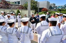 Lt. Theodore Shields, a U.S. Navy chaplain, speaks to Sailors during a visit to Portland VA Medical Center as part of the annual Portland Fleet Week and Rose Festival in Portland, Oregon June 7, 2024. Portland Fleet Week is a time-honored celebration of the sea services and provides an opportunity for the citizens of Oregon to meet Sailors, Marines and Coast Guardsmen, as well as witness firsthand the latest capabilities of today’s maritime services. (U.S. Navy photo by Mass Communication Specialist 1st Class Heather C. Wamsley)