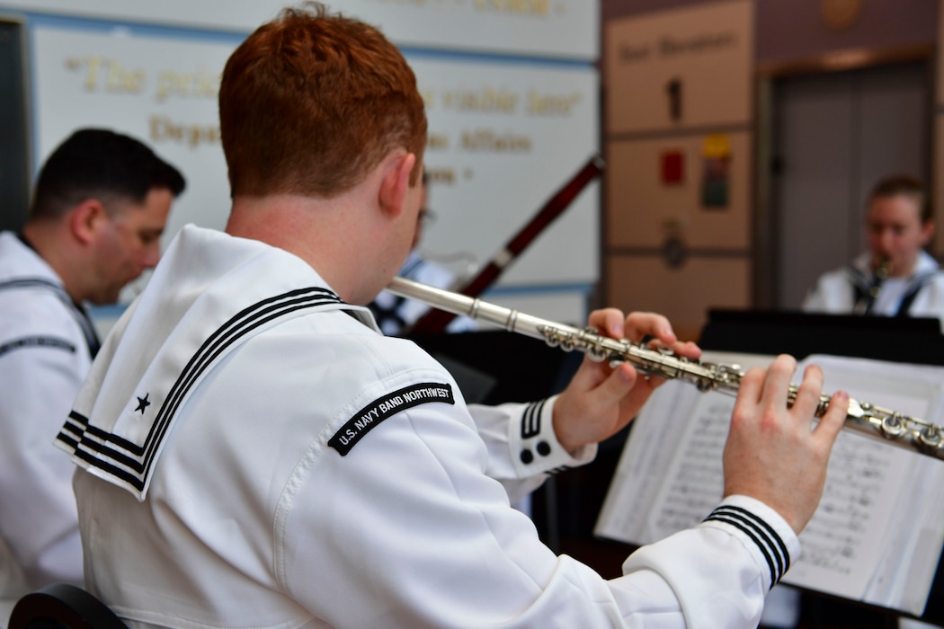 Sailors assigned to Navy Band Northwest perform at Portland VA Medical Center during the annual Portland Fleet Week and Rose Festival in Portland, Oregon on June 7, 2024. Portland Fleet Week is a time-honored celebration of the sea services and provides an opportunity for the citizens of Oregon to meet Sailors, Marines and Coast Guardsmen, as well as witness firsthand the latest capabilities of today’s maritime services. (U.S. Navy photo by Mass Communication Specialist 1st Class Heather C. Wamsley)