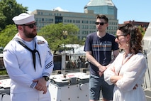 U.S. Navy Electronics Technician First Class Jason Rhoads conducts a tour of the USS Montgomery (LSC-8) during Portland Fleet Week June 9, 2024. Portland Fleet Week is a time-honored celebration of the sea services and provides an opportunity for the citizens of Oregon to meet Sailors, Marines and Coast Guardsmen, as well as witness firsthand the latest capabilities of today’s maritime services. (U.S. Navy photo by Mass Communication Specialist 3rd Class Justin Ontiveros)