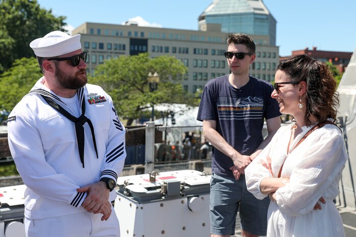 U.S. Navy Electronics Technician First Class Jason Rhoads conducts a tour of the USS Montgomery (LSC-8) during Portland Fleet Week June 9, 2024. Portland Fleet Week is a time-honored celebration of the sea services and provides an opportunity for the citizens of Oregon to meet Sailors, Marines and Coast Guardsmen, as well as witness firsthand the latest capabilities of today’s maritime services. (U.S. Navy photo by Mass Communication Specialist 3rd Class Justin Ontiveros)