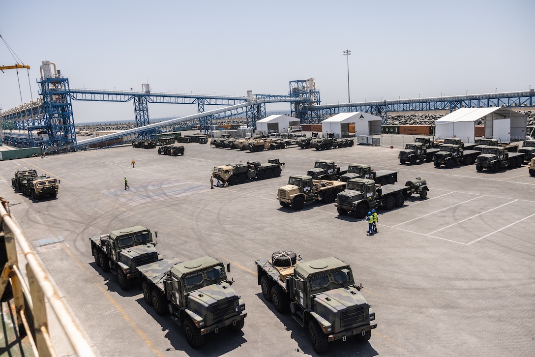 U.S. Marines with 2nd Distribution Support Battalion, Combat Logistics Regiment 2, 2nd Marine Logistics Group, conduct tactical vehicle onload after exercise Native Fury 24 at a port in the United Arab Emirates, May 28, 2024. Exercise Native Fury 24 is a key multi-lateral exercise sponsored by U.S. Central Command and executed by U.S. Marine Corps Forces Central Command in collaboration with the Kingdom of Saudi Arabia and the United Arab Emirates. This iteration emphasizes the strategic use of logistics and leverage the extensive network of roads and infrastructure across the Arabian Peninsula. (U.S. Marine Corps photo by Cpl. Meshaq Hylton)