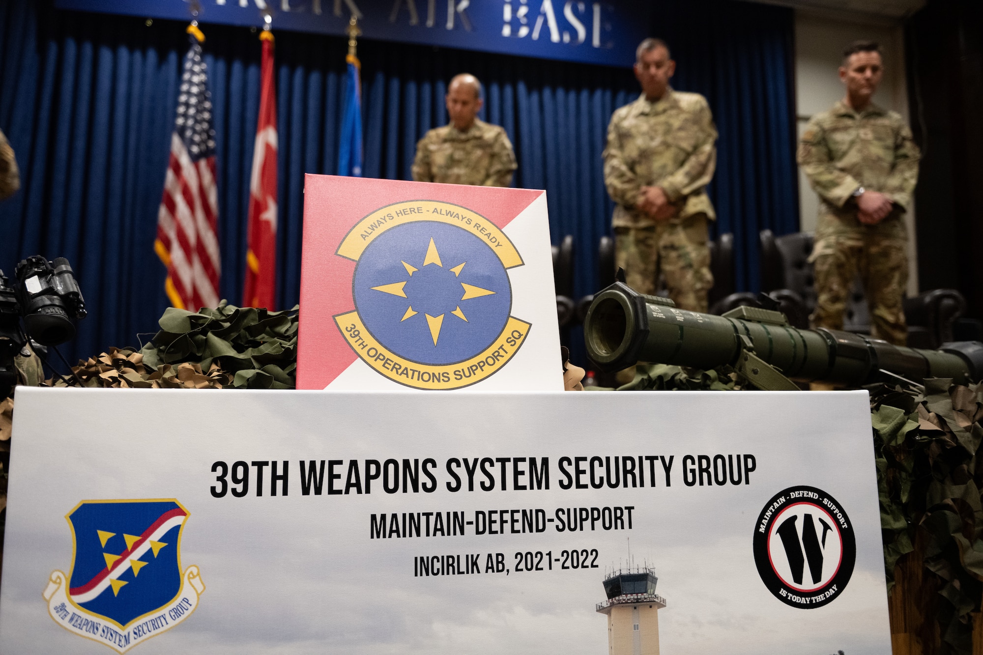 U.S. Air Force Col. Kevin Lord, 39th Air Base Wing commander, Col. Michael Gallucci, 39th Weapons System Security Group outgoing commander, and Col. John Jansheski, 39th WSSG incoming commander, stand during a change of command ceremony.