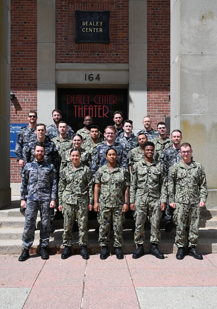 United States Navy and Royal Australian Navy Sailors enrolled in the U.S. Naval Submarine School’s Basic Enlisted Submarine School pose for a photo between training sessions aboard the Naval Submarine Base New London in Groton, Connecticut, Jun. 11, 2024.