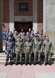 United States Navy and Royal Australian Navy Sailors enrolled in the U.S. Naval Submarine School’s Basic Enlisted Submarine School pose for a photo between training sessions aboard the Naval Submarine Base New London in Groton, Connecticut, Jun. 11, 2024.