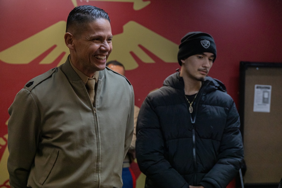 U.S. Marine Corps Sgt. Maj. Carlos Ruiz, the 20th Sergeant Major of the Marine Corps, speaks with Marines with Recruiting Substation Santa Ana, Recruiting Station Orange County, in Santa Ana, Calif., Feb. 5, 2024. During his visit, Ruiz spoke with local recruiters and poolees to gain insight into recruiting operations in the local area. (U.S. Marine Corps photo by Cpl. Bruin Largent)