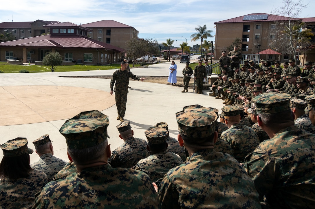 Sergeant Major of the Marine Corps, Sgt. Maj. Carlos A. Ruiz, speaks to the senior enlisted Marines and Sailors of 1st Marine Logistics Group during a town hall at Camp Pendleton, California, Feb. 16, 2024.  During his visit Sgt. Maj. Ruiz met with the senior enlisted leaders of 1st MLG to discuss the value of senior leadership when it comes to solving the various issues the Marine Corps faces and the importance of engaged leadership from the senior staff noncommissioned officer ranks down to the junior noncommissioned officers. (U.S. Marine Corps photo by Gunnery Sgt. Joshua Jackson)