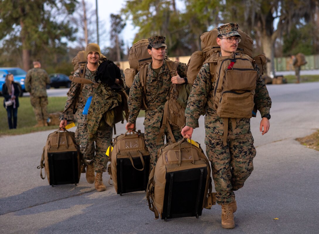 U.S. Marines and sailors with II Marine Expeditionary Force Support Battalion, II MEF, return from Nordic Response 24 at Marine Corps Base Camp Lejeune North Carolina March 20, 2024. Nordic Response is a Norwegian national readiness and defense exercise designed to enhance military capabilities and allied cooperation in high-intensity warfighting in a challenge arctic environment. (U.S. Marine Corps photo by Sgt. Nathan Mitchell)