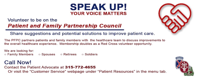 Web graphic with information on the Fort Drum MEDDAC's Patient and Family Partnership Council.