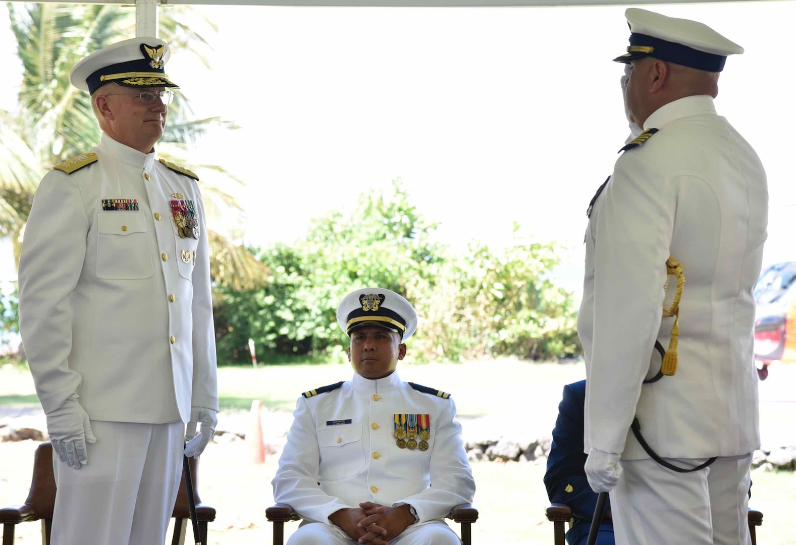 Rear Adm. Douglas M. Schofield (left) and Capt. José E. Díaz (right) during the transfer command authority at the Sector San Juan Change of Command Ceremony in San Juan, Puerto Rico June 13, 2024. During the ceremony, Capt. Luis J. Rodríguez relieved Capt. Díaz as the commander of Sector San Juan. Capt. Rodríguez will be responsible for leading Coast Guard forces in Puerto Rico and the U.S. Virgin Islands and the oversight of a 1.3 million square nautical mile area of responsibility in the Eastern Caribbean. (Coast Guard photo by Ricardo Castrodad)