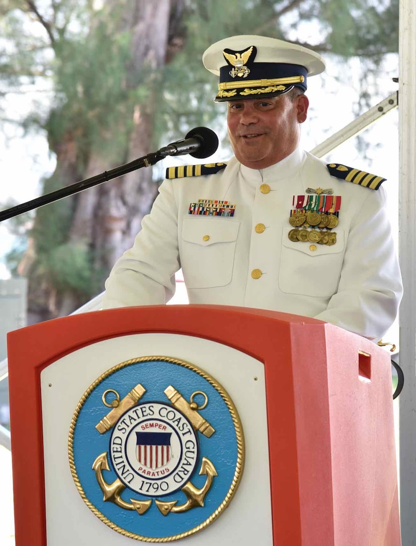 Capt. Luis J. Rodriguez addresses the audience during the Coast Guard Sector San Juan’s Change of Command Ceremony in San Juan, Puerto Rico June 13, 2022. During the ceremony, Capt. Rodríguez relieved Capt. José E. Díaz as the commander of the unit. The change of command ceremony is a time-honored military tradition that marks a transfer of total authority and responsibility from one individual to another. (Coast Guard photo by Ricardo Castrodad)