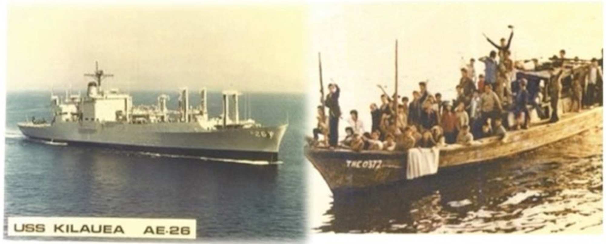 The US Navy Ship USS Kilauea saves a boat of refugees fleeing communist Vietnam in January 1980.