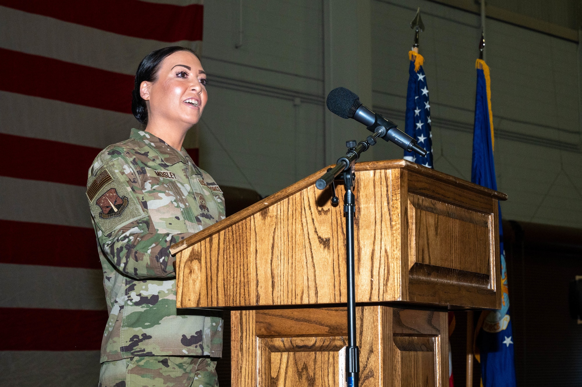 Chief Master Sgt. Cherise Mosley gives a speech.
