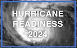 Photo of a hurricane on radar, with a blue rectangular border and bold white letters superimposed over the image that says "Hurricane Readiness 2024"