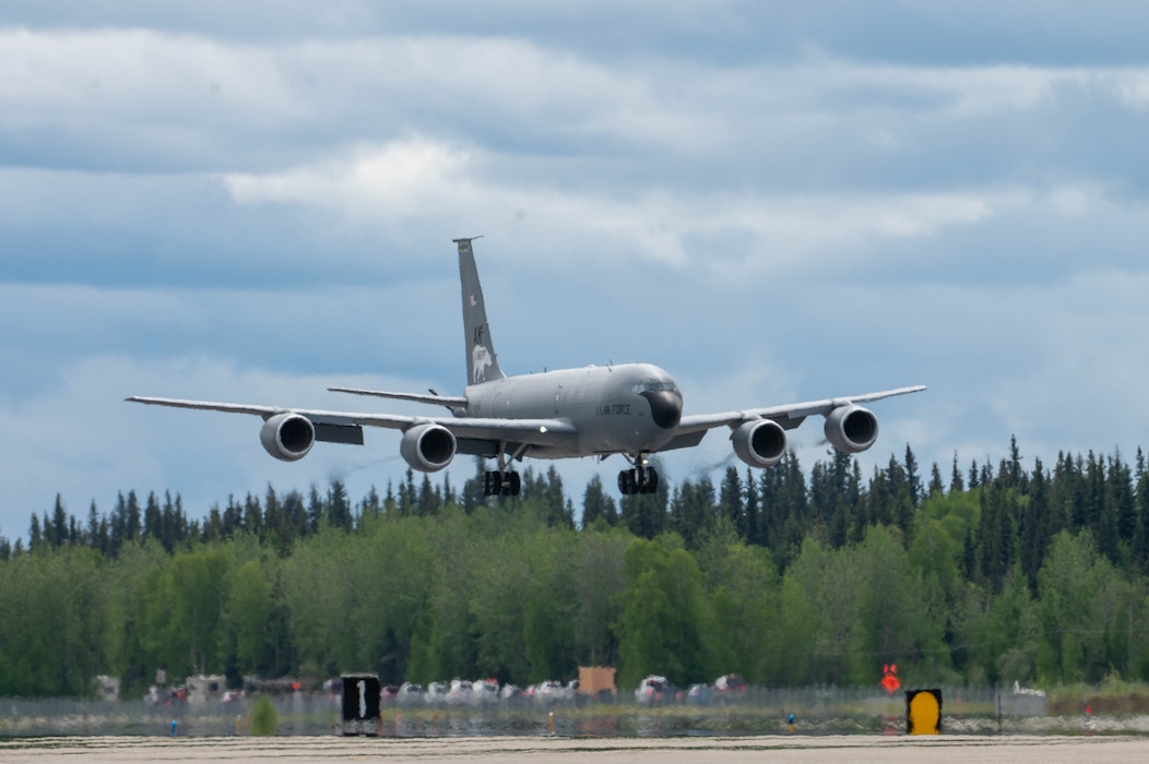 A KC-135 Stratotanker assigned to the 168th Air Refueling Squadron begins to land on the flightline during Red Flag-Alaska 24-2 at Eielson Air Force Base, Alaska, May 30, 2024.
