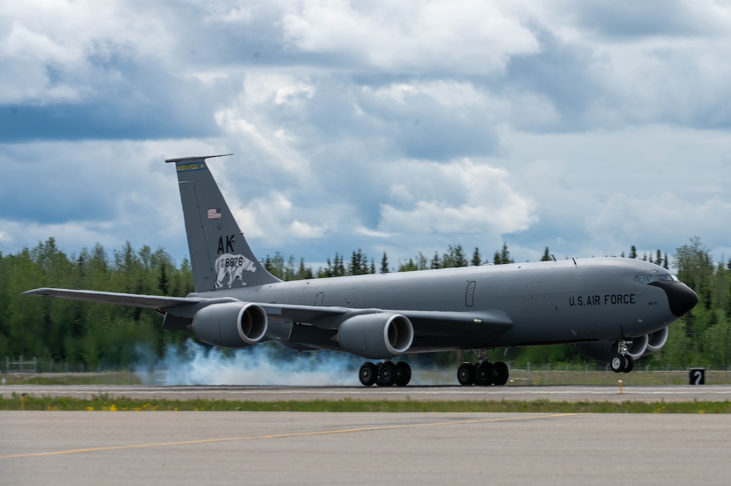 A KC-135 Stratotanker assigned to the 168th Air Refueling Squadron lands on the flightline during Red Flag-Alaska 24-2 at Eielson Air Force Base, Alaska, May 30, 2024.