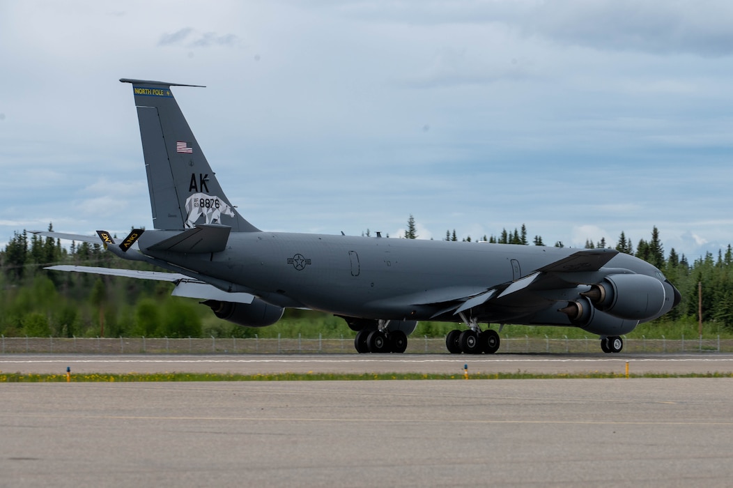A KC-135 Stratotanker assigned to the 168th Air Refueling Squadron lands on the flightline during Red Flag-Alaska 24-2 at Eielson Air Force Base, Alaska, May 30, 2024.