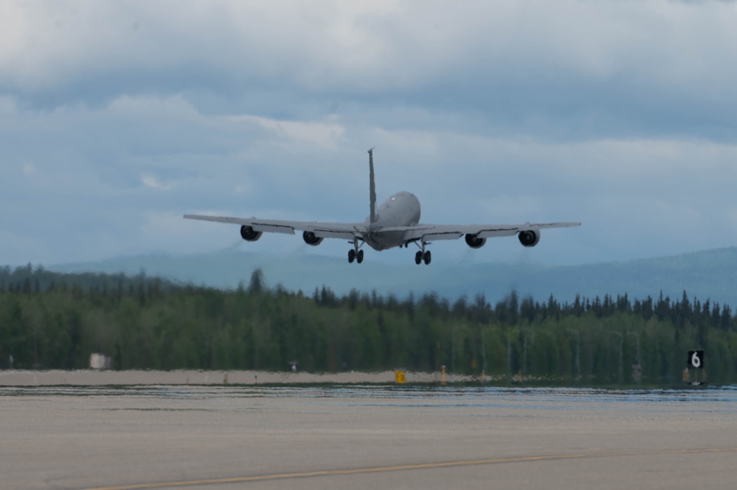 A KC-135 Stratotanker assigned to the 168th Air Refueling Squadron takes off from the flightline during Red Flag-Alaska 24-2 at Eielson Air Force Base, Alaska, May 30, 2024.