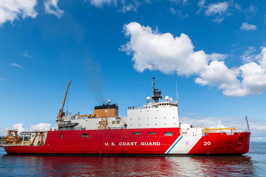 The Coast Guard Cutter Healy (WAGB 20) begins its departure from Coast Guard Base Seattle for their annual Arctic deployment, June 12, 2024. The Healy will conduct high latitude science and research missions in the Arctic. (U.S. Coast Guard photo by Petty Officer 3rd Class Annika Hirschler)