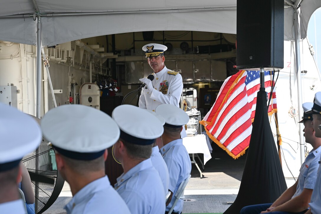 Vice Adm. Nathan Moore, commander, Coast Guard Atlantic Area, delivers remarks during U.S. Coast Guard Cutter Calhoun’s (WMSL 759) change-of-command ceremony, June 11, 2024, in North Charleston, South Carolina. The change-of-command ceremony is a time-honored military tradition that marks a transfer of total authority and responsibility from one individual to another. (U.S. Coast Guard photo by Petty Officer 3rd Class Amber Mcgruder)