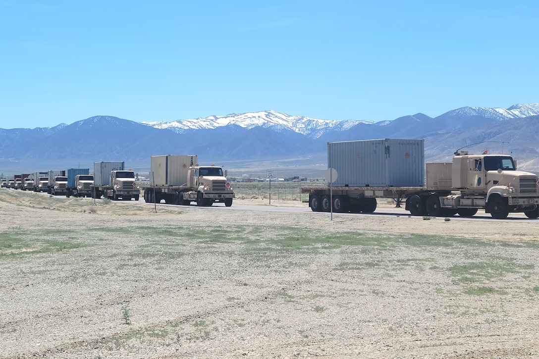 U.S. Soldiers with the Pennsylvania National Guard’s 131st Transportation Company, 228th Transportation Battalion, 213th Regional Support Group, drive 111 20-foot containers of ammunition from Fort Indiantown Gap to Hawthorne, Nevada as part of Army Materiel Command’s Operation Patriot Press, an ammunition redistribution mission involving the movement of ammo from coast-to-coast. During the trip to Nevada and back, 131st TC Soldiers drove more than 50 vehicles approximately 6200 miles with no accidents. (U.S. Army National Guard photo by 1st Lt. Nikolai Ayers)