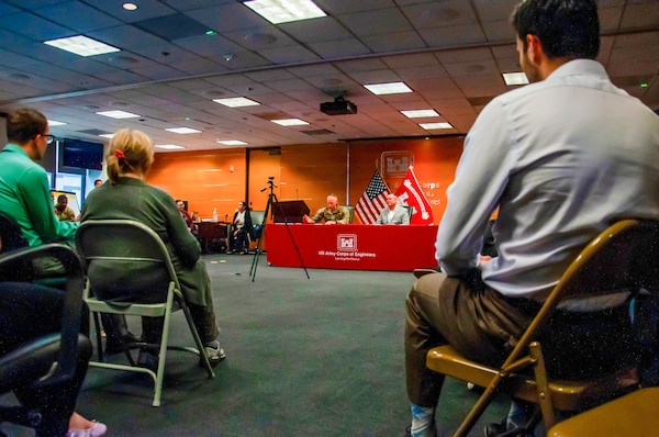 U.S. Army Corps of Engineers Los Angeles District leadership hosts a town hall June 12 at the district’s main office in Los Angeles. The event provided leadership the opportunity to communicate priorities, highlight recent wins and recognize employees.