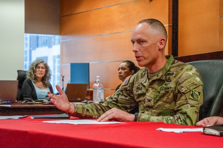 Col. Andrew Baker, U.S. Army Corps of Engineers Los Angeles District commander, hosts a town hall June 12 at the district’s main office in Los Angeles. The event provided leadership the opportunity to communicate priorities, highlight recent wins and recognize employees.
