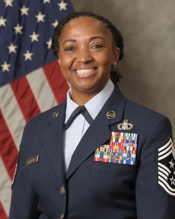 U.S. Air Force CMSgt Cheronica Blandburg poses for her official portrait.