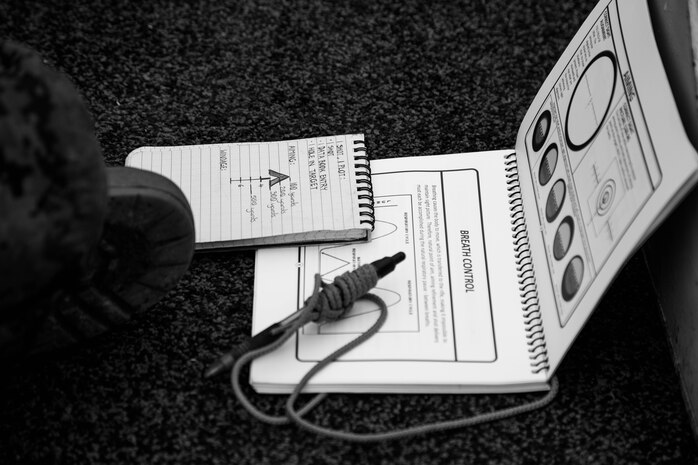 A data book and notepad explain shooting techniques at Marine Corps Base Camp Pendleton, California, May 17, 2024. Recruits participated in grass week to hone their marksmanship skills before moving on to the range for rifle qualification. (U.S. Marine Corps photo illustration by Cpl. Elliott A. Flood-Johnson)