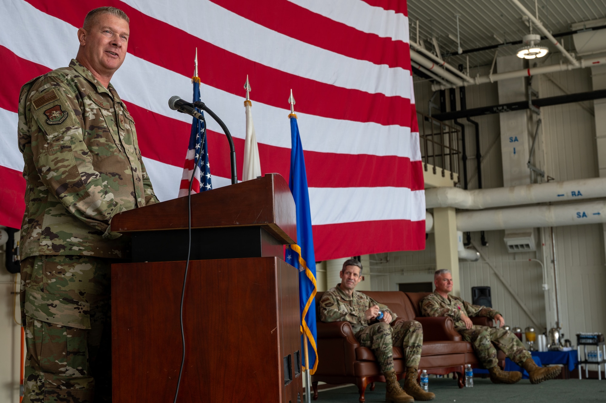 U.S. Air Force Col. Kenneth Beebe, 51st Maintenance Group commander, gives his first speech to his squadron during a change of command ceremony at Osan Air Base, Republic of Korea, June 12, 2024. Prior to taking command, Beebe served as the 325th MXG deputy commander at Eglin Air Force Base, Florida. (U.S. Air Force photo by Airman 1st Class Chase Verzaal)