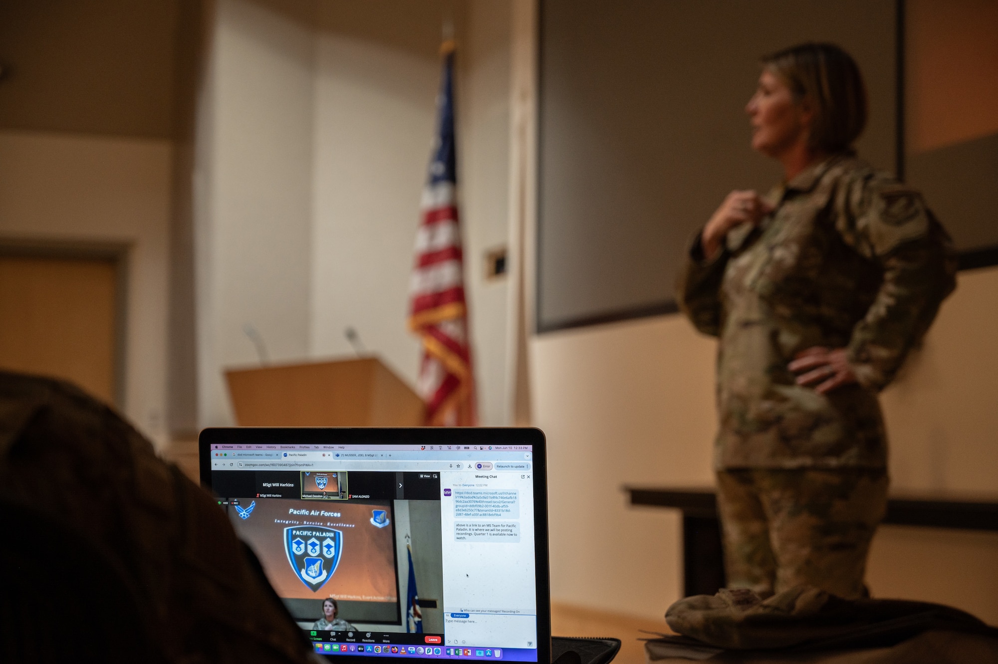 A computer screen shows virtual attendees tuning in to the Pacific Paladin, a senior non-commissioned officer development seminar at Joint Base Pearl Harbor-Hickam, Hawaii, on June 10, 2024. The seminar included 185 virtual attendees from across Pacific Air Forces.