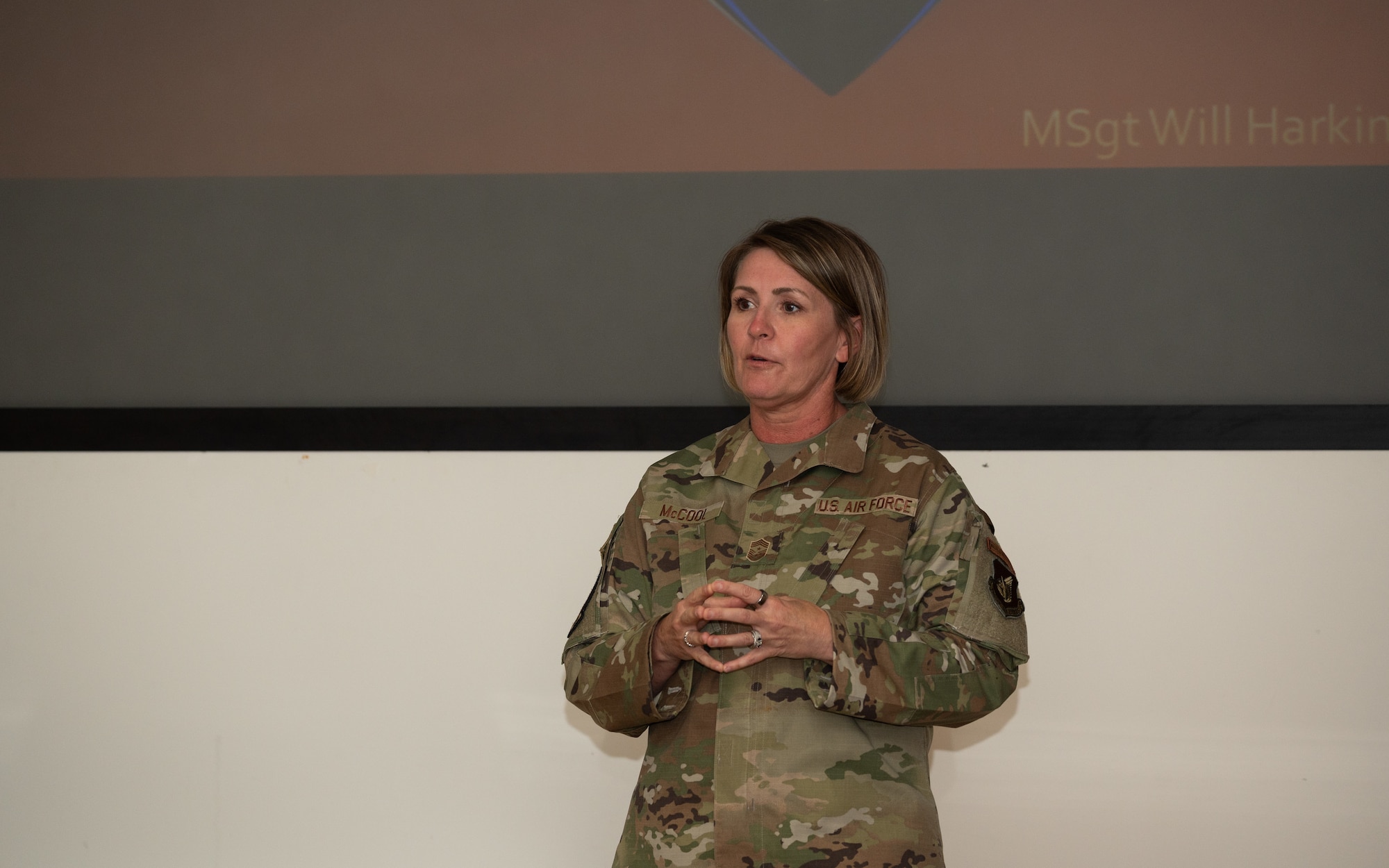 Chief Master Sgt Kathleen McCool, Command Chief, Pacific Air Forces, provides opening remarks at Pacific Paladin, a senior non-commissioned officer development seminar, at Joint Base Pearl Harbor-Hickam, Hawaii, June 10, 2024. This event is designed to enhance the leadership capabilities of Senior Non-Commissioned Officers across the Pacific Air Forces.
