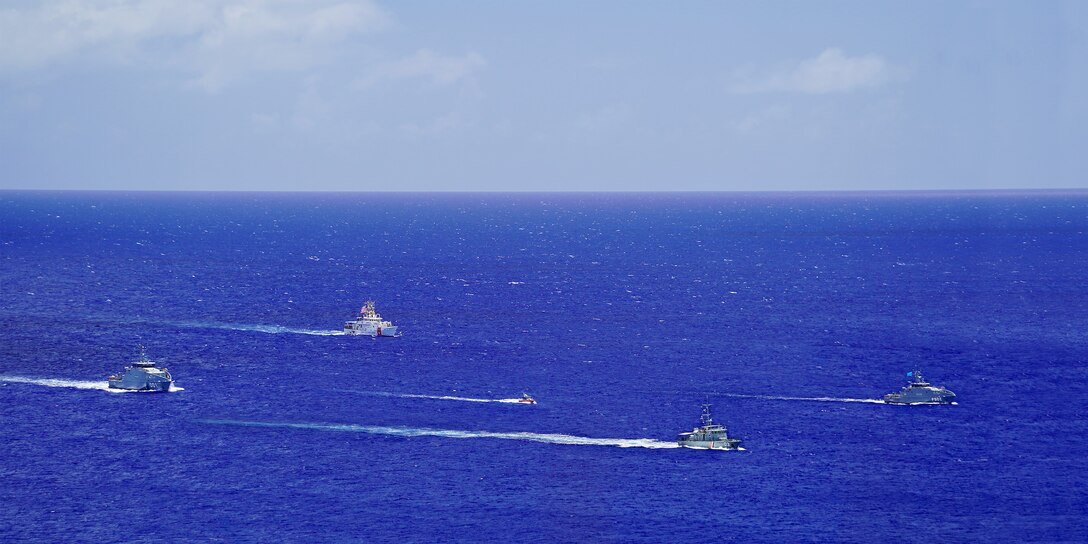 In a gathering of maritime allies, the Guardian-class patrol ships PSS President HI Remeliik II (001) from the Republic of Palau and FSS Bethwel Henry (P902) from the Federated States of Micronesia and alongside the Forum-class RMIS Lomor (03) from the Republic of the Marshall Islands, the crew of the USCGC Frederick Hatch (WPC 1143) and a Station Apra Harbor 29-foot Response Boat-Small conduct a formation sail off of Guam, June 7, 2024. This assembly marks the inaugural Operation Irensia, a collaborative effort led by the U.S. Coast Guard to enhance Pacific interoperability and coordinated regional efforts. Held from June 3-9, 2024, this operation underscores a shared commitment to building stronger partnerships and promoting security throughout the Pacific. (U.S. Coast Guard photo by Chief Warrant Officer Sara Muir