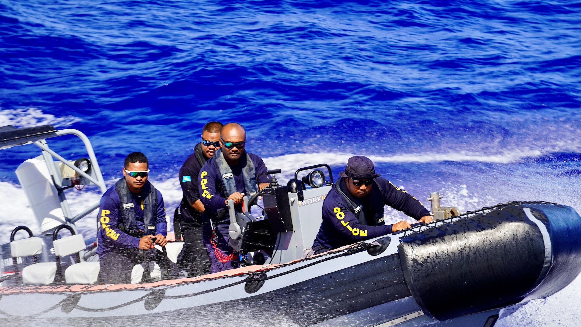 A team from the Republic of Palau practices approaches to the ship to run mock law enforcement boardings simulating coming aboard fishing vessels to ensure compliance with their nation’s regulations while offshore Guam on June 5, 2024, to build proficiency and exchange best practices. Participants from the Guardian-class patrol ships PSS President HI Remeliik II (001) from the Republic of Palau and FSS Bethwel Henry (P902) from the Federated States of Micronesia, the Forum-class RMIS Lomor (03) from the Republic of the Marshall Islands, along with members from the USCGC Oliver Henry (WPC 1140), USCGC Frederick Hatch (WPC 1143), U.S. Coast Guard Forces Micronesia, and U.S. Coast Guard Base Guam team, showcased their skills. The event, part of the inaugural Operation Irensia, was held with partners from the Royal Australian Navy and Australian Defence Force Pacific Maritime Security Program, highlighting the collaborative spirit and enhanced interoperability among Pacific allies from June 3-9, 2024. (U.S. Coast Guard photo by Chief Warrant Officer Sara Muir)