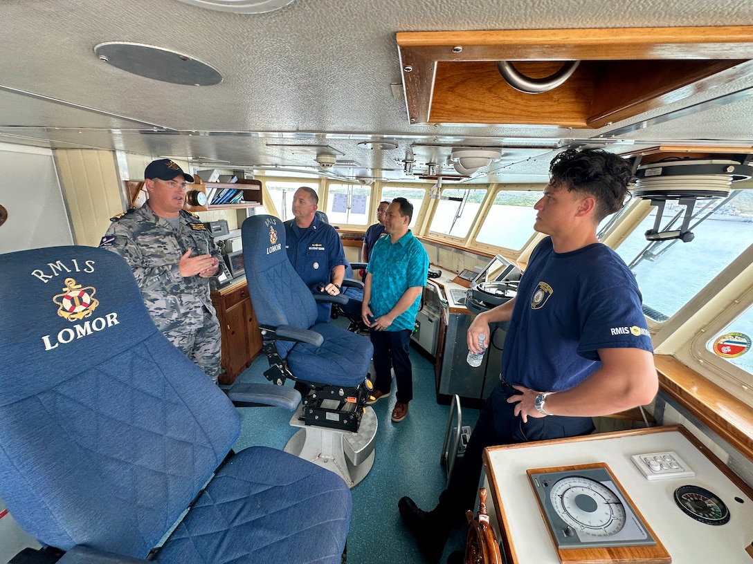 Members of the Micronesian Islands Forum and Joint Region Marianas, in Guam for the 2024 event, visit the crews of the Guardian-class patrol ships PSS President HI Remeliik II (001) from the Republic of Palau and FSS Bethwel Henry (P902) from the Federated States of Micronesia, the Forum-class RMIS Lomor (03) from the Republic of the Marshall Islands, along the USCGC Oliver Henry (WPC 1140), and the USCGC Frederick Hatch (WPC 1143), at Victor Pier, Apra Harbor, on June 5, 2024. The event, part of the inaugural Operation Irensia, held in cooperation with partners from the Royal Australian Navy and Australian Defence Force Pacific Maritime Security Program, highlighting the collaborative spirit and enhanced interoperability among Pacific allies from June 3-9, 2024. (U.S. Coast Guard photo by Chief Warrant Officer Sara Muir)