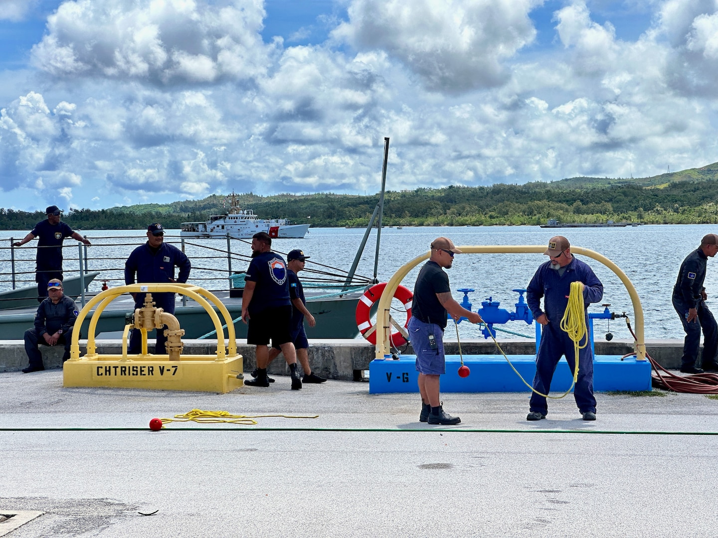 Teams demonstrate their prowess in the Damage Control and Seamanship Olympics on June 4, 2024, at Victor Pier in Apra Harbor, Guam. Participants from the Guardian-class patrol ships PSS President HI Remeliik II (001) from the Republic of Palau and FSS Bethwel Henry (P902) from the Federated States of Micronesia, the Forum-class RMIS Lomor (03) from the Republic of the Marshall Islands, along with members from the USCGC Oliver Henry (WPC 1140), U.S. Coast Guard Forces Micronesia, and U.S. Coast Guard Base Guam team, showcased their skills as the USCGC Frederick Hatch (WPC 1143) returns from operations. The event, part of the inaugural Operation Irensia, held in cooperation with partners from the Royal Australian Navy and Australian Defence Force Pacific Maritime Security Program, highlighting the collaborative spirit and enhanced interoperability among Pacific allies from June 3-9, 2024. (U.S. Coast Guard photo by Chief Warrant Officer Sara Muir)