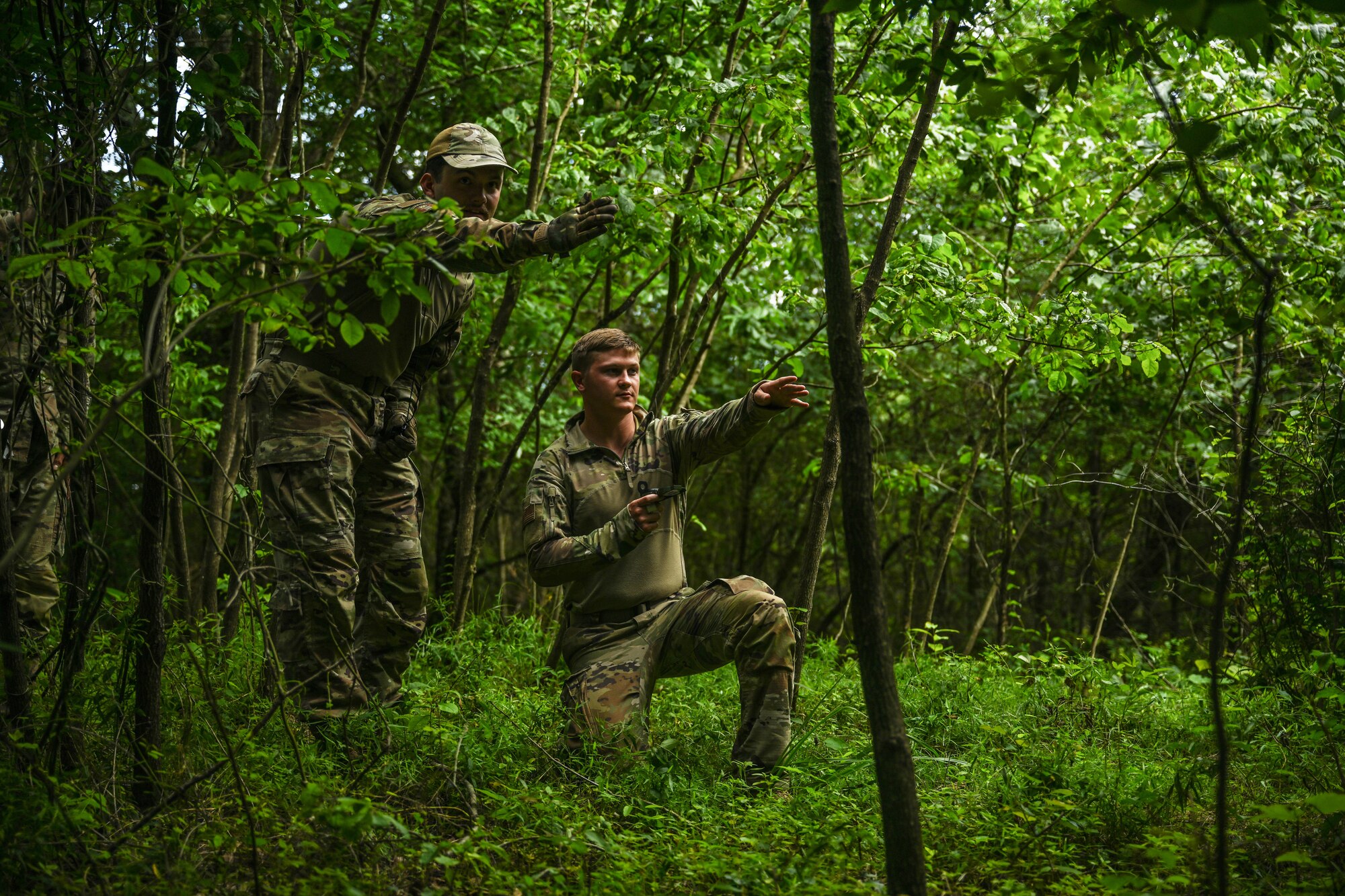 A person in uniform holds a compass while pointing in a dense brush.
