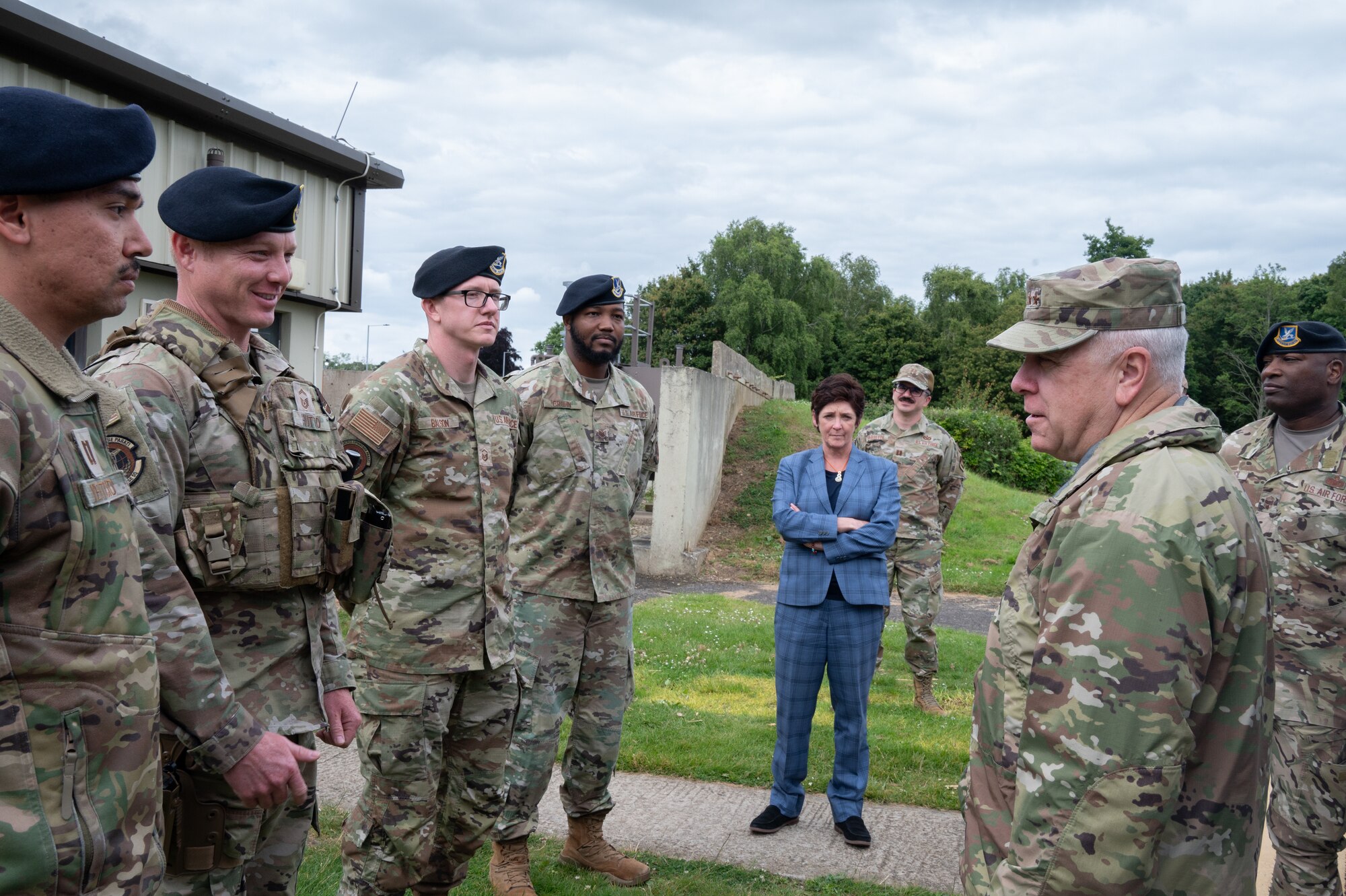 U.S. Air Force Maj. Gen. John J. Allen Jr., Air Force Installation and Mission Support Center commander, listens to a briefing from Security Forces on RAF Fairford.