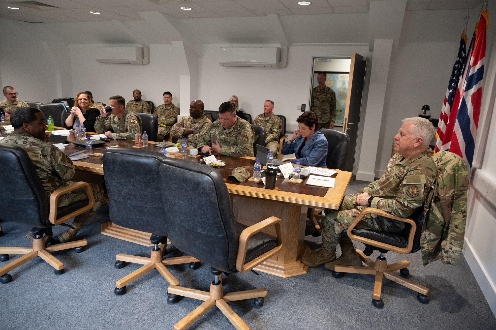 U.S. Air Force Maj. Gen. John J. Allen Jr., Air Force Installation and Mission Support Center commander, listens to a briefing on RAF Fairford.