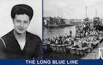 Black and white photo of Seaman John “Jack” DeNunzio in dress blues. (Coast Guard Collection)

A rare color photo of Flotilla Ten on the River Dart, England, preparing for the landings on D-Day. (Coast Guard Collection)