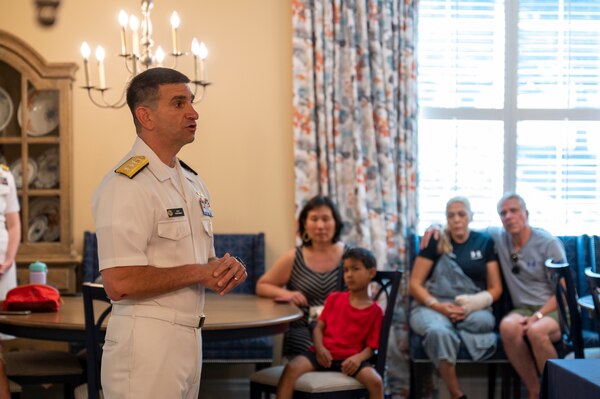 Deputy Surgeon General Rear Adm. Rick Freedman delivers remarks on the Fisher House mission and how advances in military medicine have benefitted service members and veterans during an event at the Bethesda Fisher House on board Naval Support Activity (NSA) Bethesda, June 13.