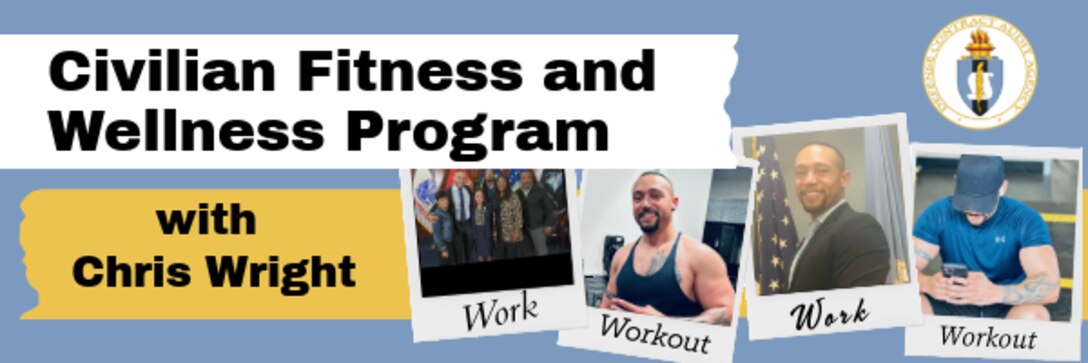 Blue banner with text. Photos in a line in the bottom right corner.
