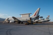 An E-7A Wedgetail aircraft sits next to an E-3 Sentry aircraft.