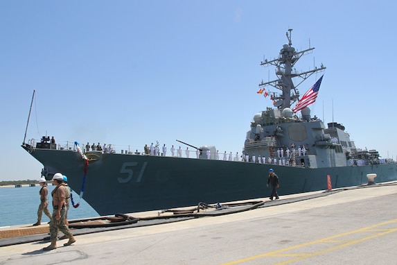 240529-N-GA645-1017 NAVAL STATION ROTA, Spain (May 29, 2024) Sailors man the rail
as the Arleigh Burke-class guided-missile destroyer USS Arleigh Burke (DDG 51) returns to
Naval Station Rota, May 29, 2024. Arleigh Burke, forward-deployed to Rota, is on a scheduled
patrol in the U.S. Sixth Fleet area of operations in support of U.S. national security interests in
Europe and Africa. (U.S. Navy photo by Courtney Pollock)