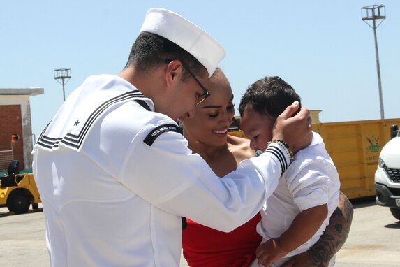 240529-N-GA645-1113 NAVAL STATION ROTA, Spain (May 29, 2024) Sailors reunite with
their family after the return of Arleigh Burke-class guided-missile destroyer USS Arleigh Burke
(DDG 51) to Naval Station Rota, May 29, 2024. Arleigh Burke, forward-deployed to Rota, is on
a scheduled patrol in the U.S. Sixth Fleet area of operations in support of U.S. national security
interests in Europe and Africa. (U.S. Navy photo by Courtney Pollock)