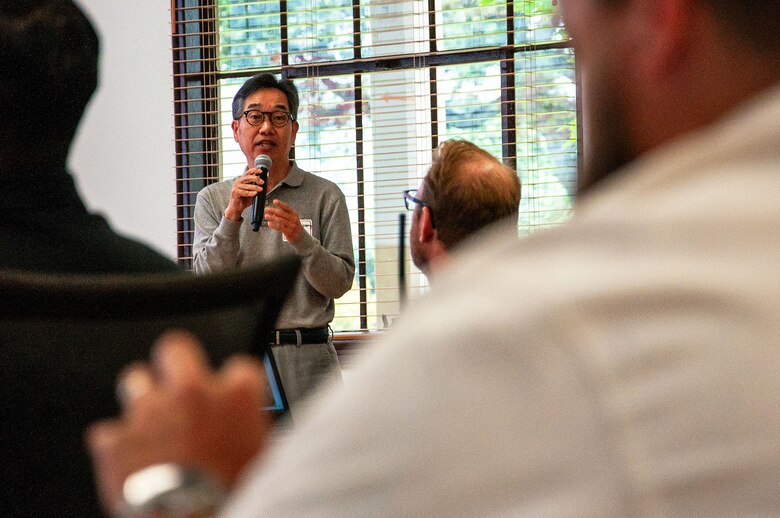Charlie Hwang, U.S. Army Corps of Engineers Los Angeles District geotechnical engineer, speaks to Whittier Narrows Dam Tabletop Exercise participants at the USACE Baseyard May 23 in South El Monte, Calif. Prior to the exercise, Hwang provided the participants with information on Whittier Narrows Dam’s Emergency Action Plan.